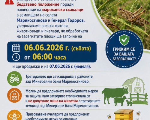 ВНИМАНИЕ! Пръскане срещу марокански скакалци започва в Марикостиново и Генерал Тодоров